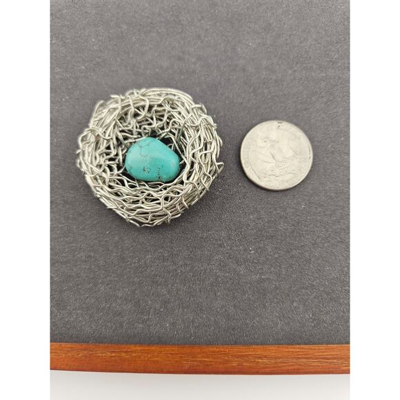 Silver Tone Wire Birds Nest Pendant Turquoise Egg Center Artsy Nature Fairycore - Picture 2 of 2